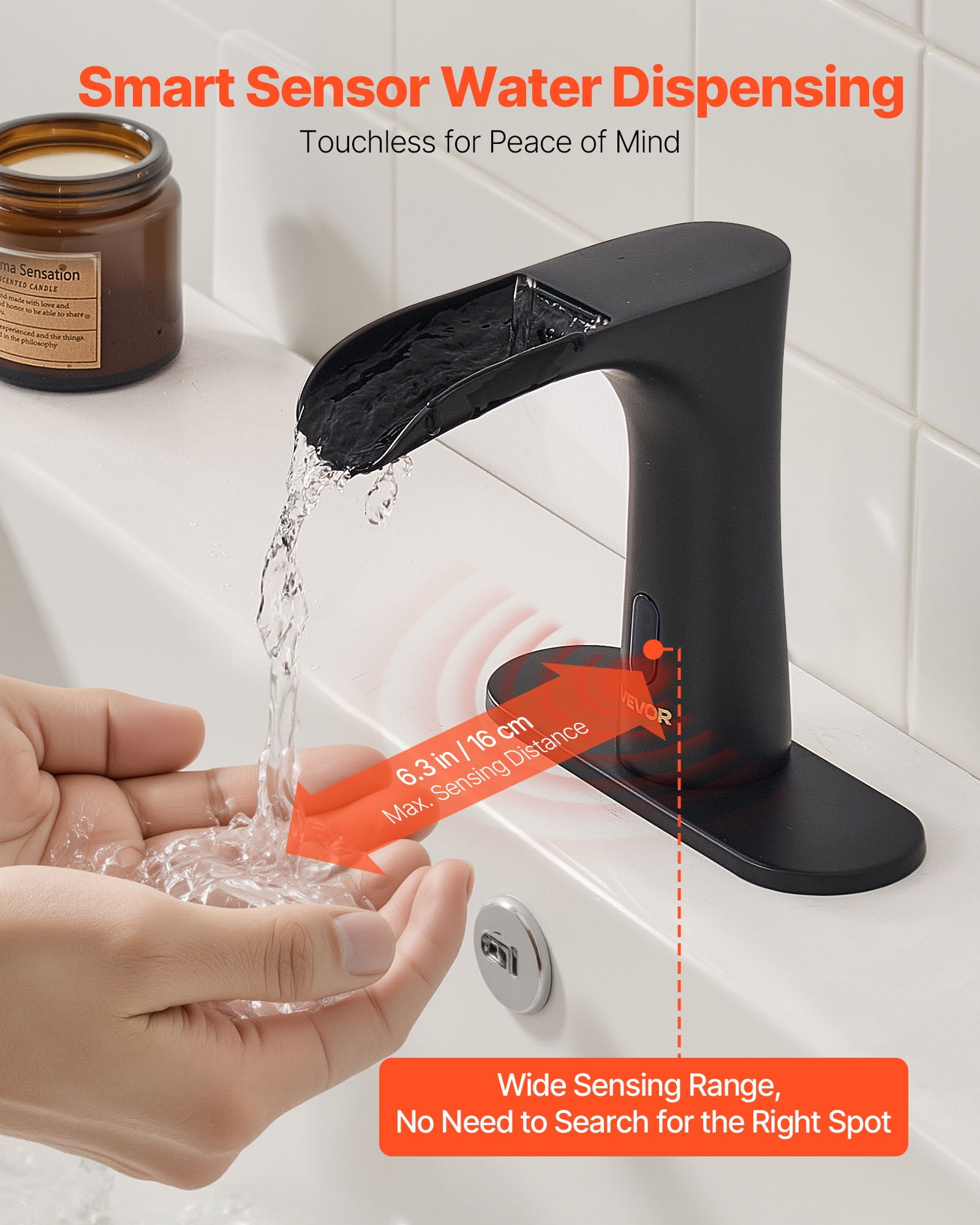 VEVOR Touchless Bathroom Sink Faucet, Automatic Motion Sensor Waterfall Restroom Toilet Faucet with Hole Cover Plate, Modern Electronic Sensor Hot/Cold Water for 9/16 in Pipe Commercial,Matte Black