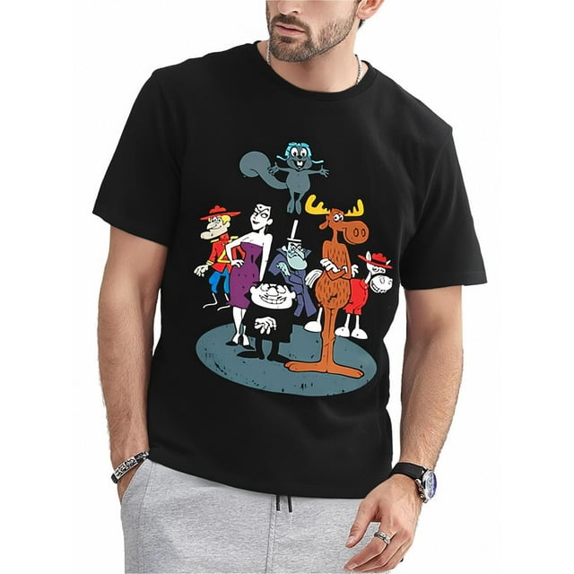 Camiseta de algodón con estampado clásico de dibujos animados, cuello redondo informal, corte regular, tejido de punto ligero y elástico para todo tipo de clima, manga corta para adultos (negro)