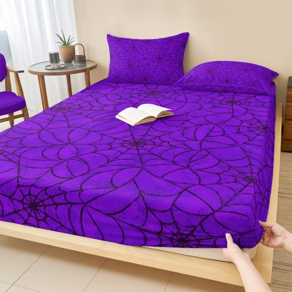 King Size Fitted Sheet Set - Purple Halloween 3 Piece Bedding Sets 16" Deep Pocket Fitted Sheet with 2 Pillowcases, Black Spiders Net Classic Gingham Brushed Microfiber Hotel Luxury Bed Sheets