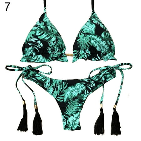

HoCX Women Padded Wireless Halter Bra Bandage Tassels Briefs Swimsuit Bikini Set