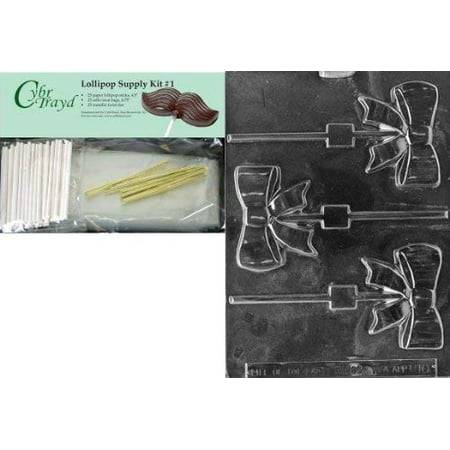 

Cybrtrayd Ribbon Pop Miscellaneous Chocolate Candy Mold with Lollipop Supply Bundle of 25 Lollipop Sticks 25 Cello Bags 25 Gold Twist Ties and Instructions