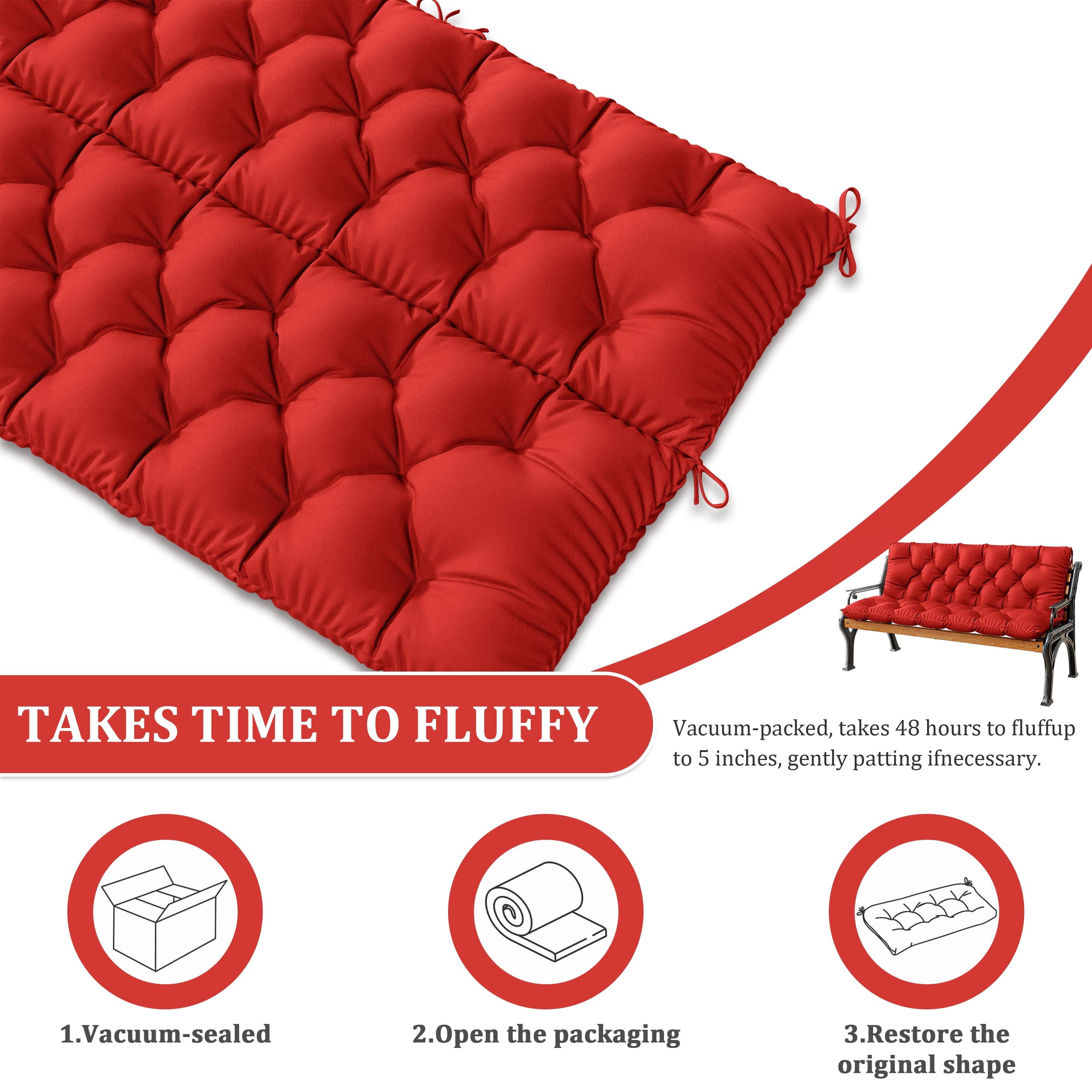 Kimunuk Outdoor Porch Swing Cushion, 60" X 40" X 5" Waterproof Bench Chair Replacement Cushion with 6 Ties for Patio, Red