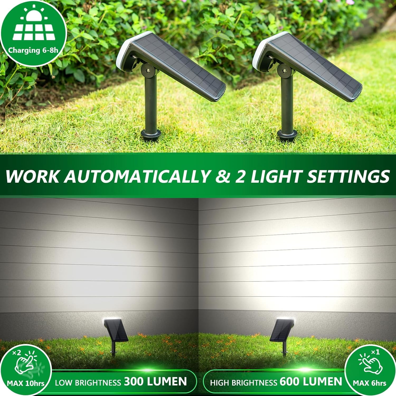 JSOT 2 Pack 600lm Solar Spotlight, Bright Solar Landscape Lights, Christmas Solar Powered Outdoor Lights for Driveway, Pathway, Garden, Backyard, White Light