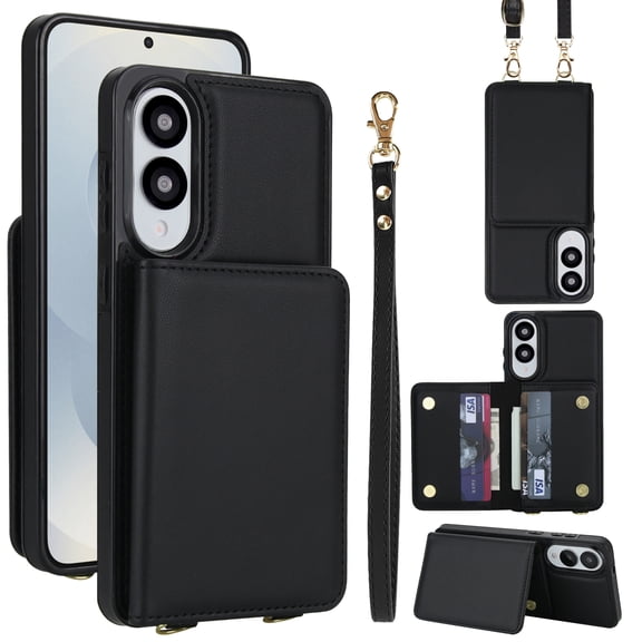 Allytechgroup PU Leather Crossbody Case for Samsung Galaxy S25 FE, Built-in Card Slots & Shoulder Strap RFID Blocking Slim Lightweight Stand Shell Shockproof Bumper for Women Girls, Black