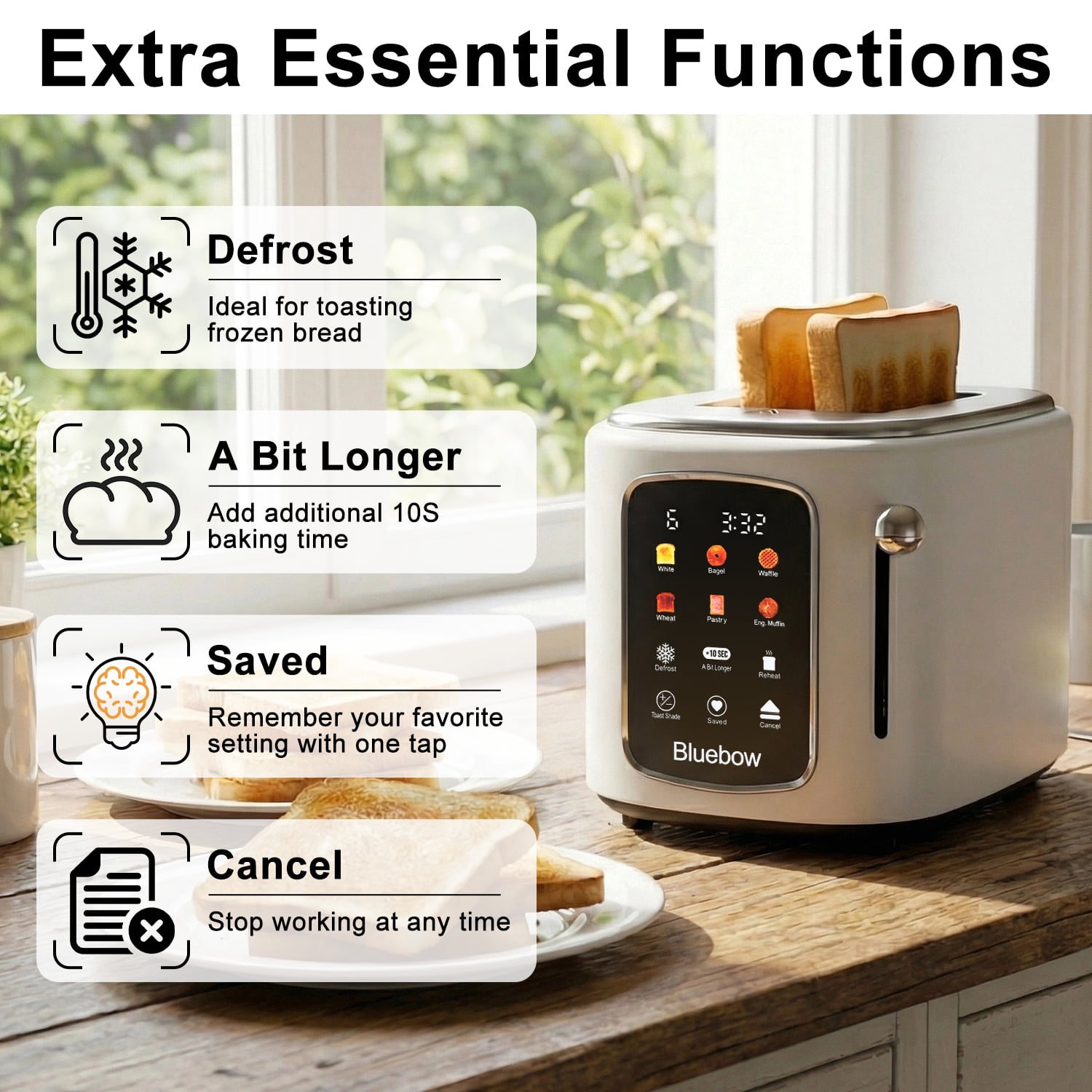 Bluebow 2-Slice Toaster, 1.5" Wide Slots, Touchscreen with 6 Bread Types & Shade Settings, Reheat, Defrost, Saved, Removable Tray, White
