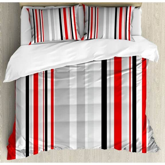 Vintage Queen Size Duvet Cover Set, Stripes in Different Sizes Retro Style Digital Abstract Lines Old Fashioned, Decorative 3 Piece Bedding Set with 2 Pillow Shams, Grey Red Black, by Ambesonne