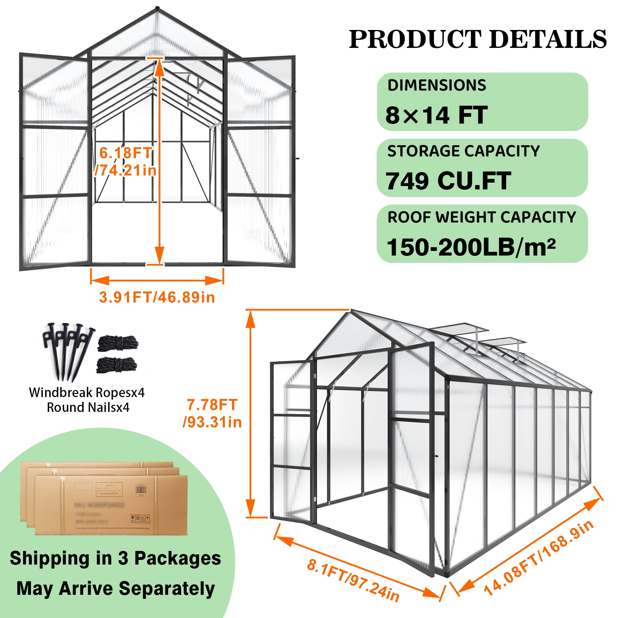 8x14FT Greenhouse Kit, Outdoor Heavy Duty Walk-in Greenhouse, Aluminum Frame with Vent, for Backyard or Garden, Black