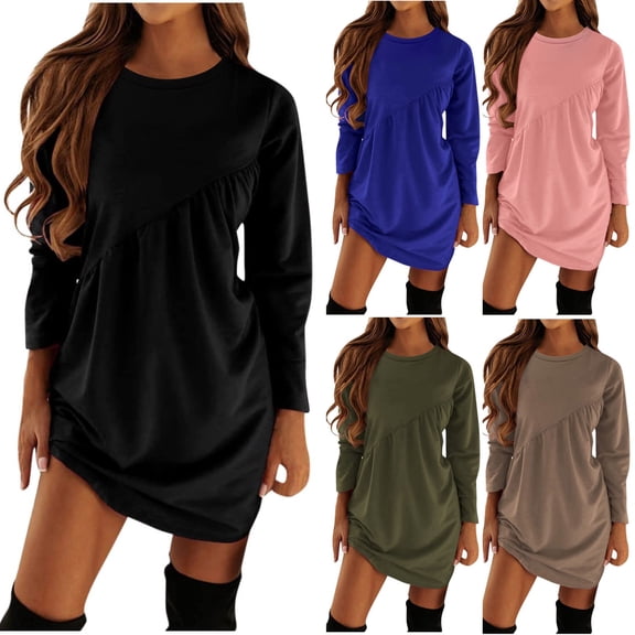 safuny Women's Mini Loose Dress Solid Fashion Autumn Dress Holiday Retro Long Sleeve Winter Round Neck Pleated Elegant Leisure Army Green S