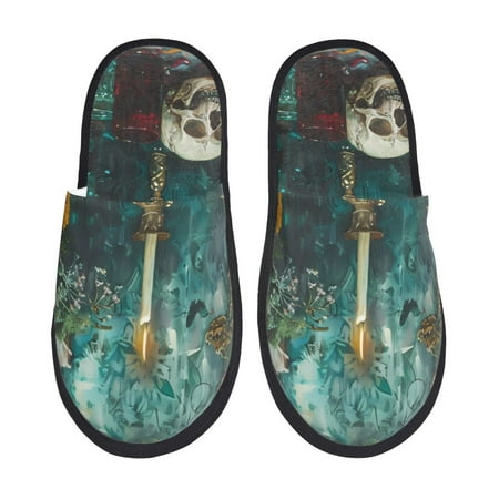 

Fuzoiu Baroque Floral Still Life Print Unisex Furry Slippers Plush Indoor Shoes Trendy House Slippers Anti-Skid EVA Sole House Shoes for Home Office and Travel -Large