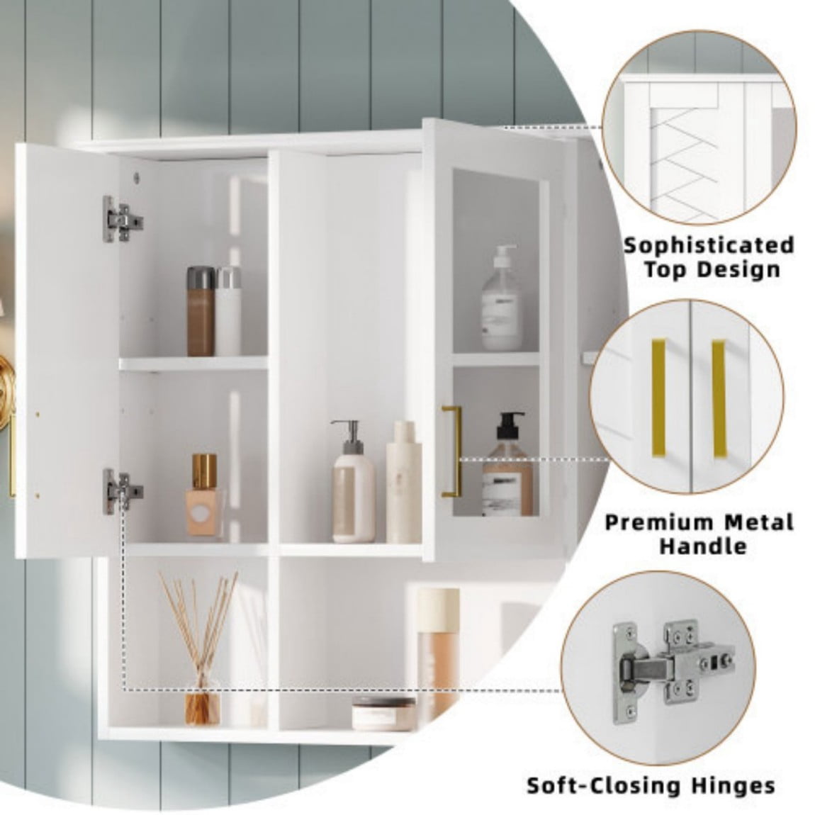 35" Wall Mounted Medicine Cabinet with Mirror, Bathroom Storage Cabinet with Adjustable Shelves, Soft Close Doors, Modern Mirror Cabinet for Vanity, White