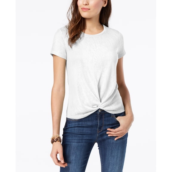 Style & Co Petite Knot Front T-Shirt Bright White PM