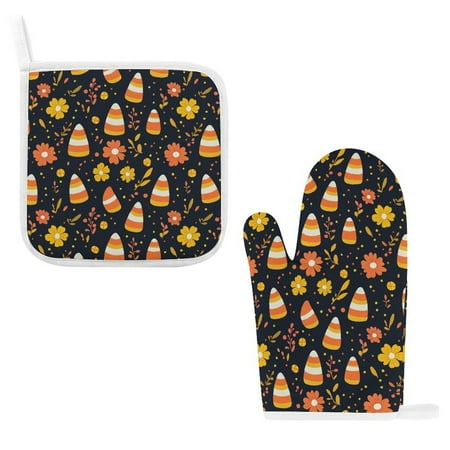 

ZZZHY Whimsical Candy Corn Flower-1 Oven Mitts and Pot Holders Sets Heat Resistant Oven Gloves Cute Kitchen Mitts for Oven 2-Piece Baking Gloves Set for Cooking Grilling Baking