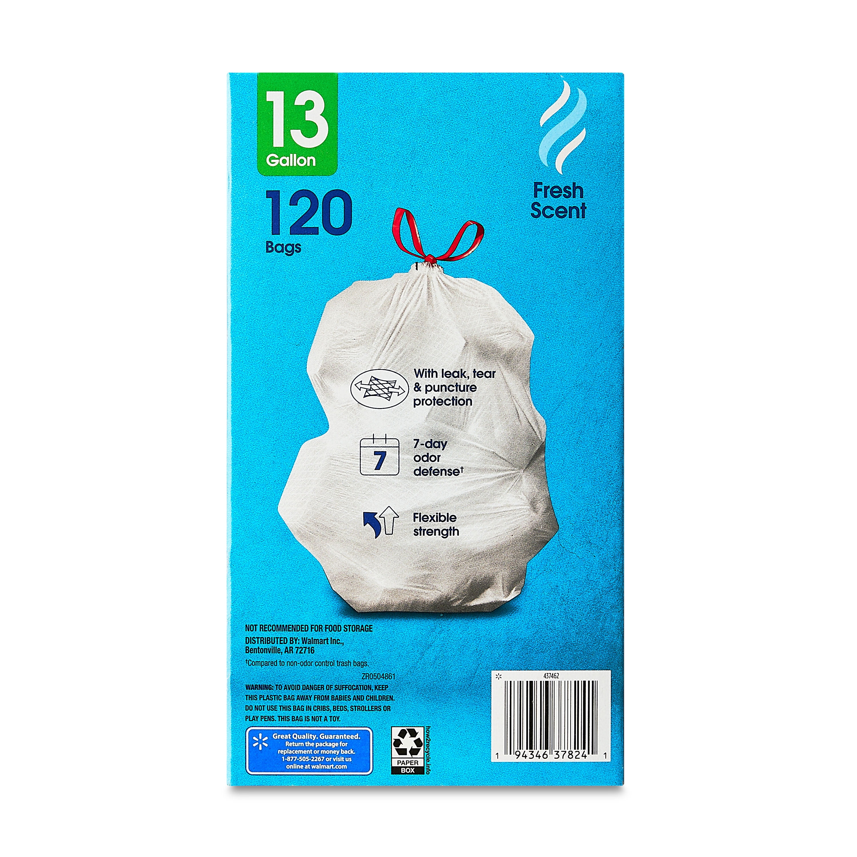 Great Value Strong Flex 13-Gallon Drawstring Tall Kitchen Trash Bags, Fresh Scent, 120 Bags
