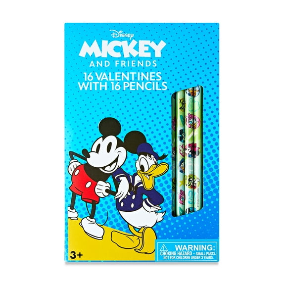 Mickey Mouse Valentine Exchange Cards with Bonus Pencils, Classroom, Multi-Colored, Paper, 16 Count