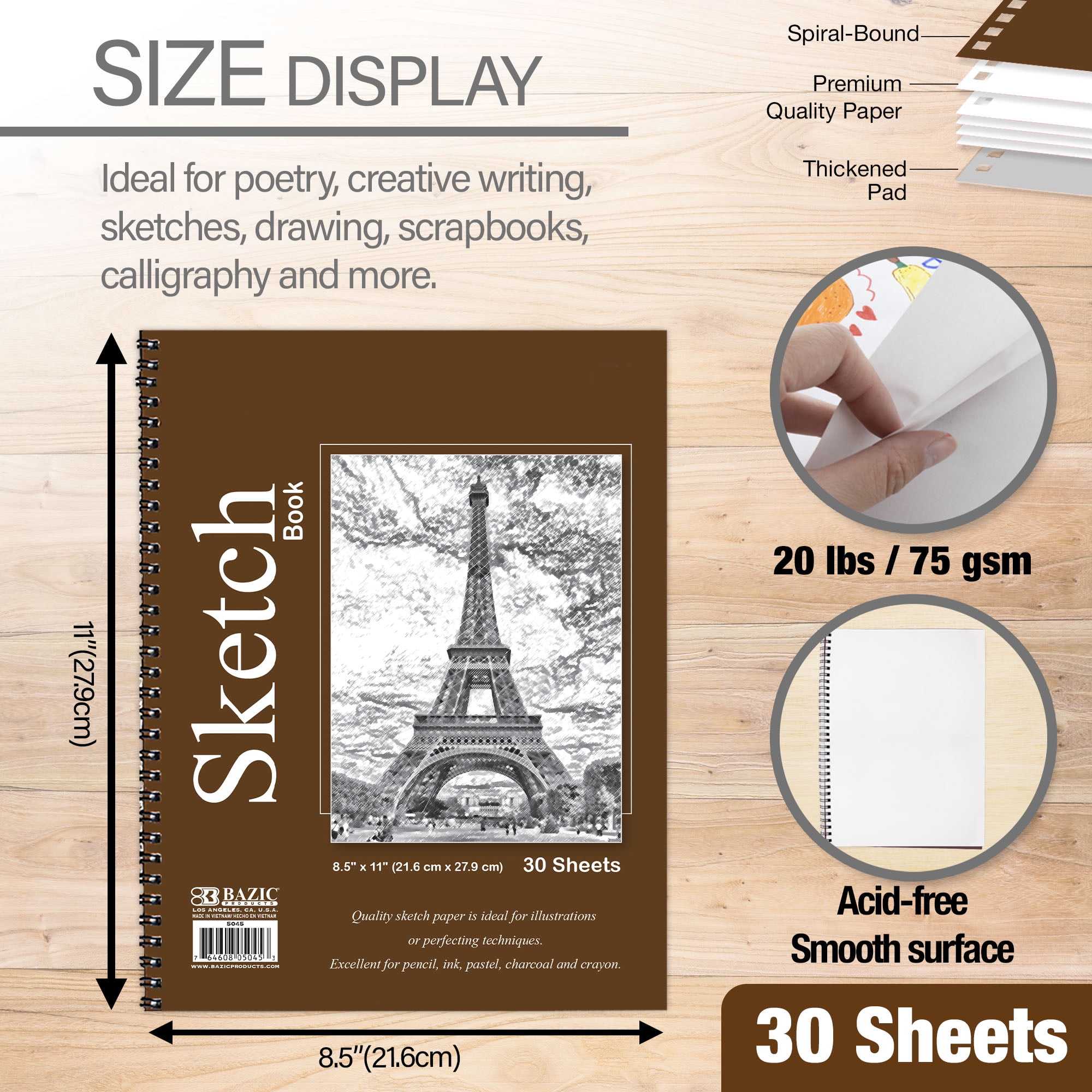 BAZIC Sketch Book 30 Ct. 8.5" X 11" Spiral Side Sketchbook Drawing Pads, 48-Pack