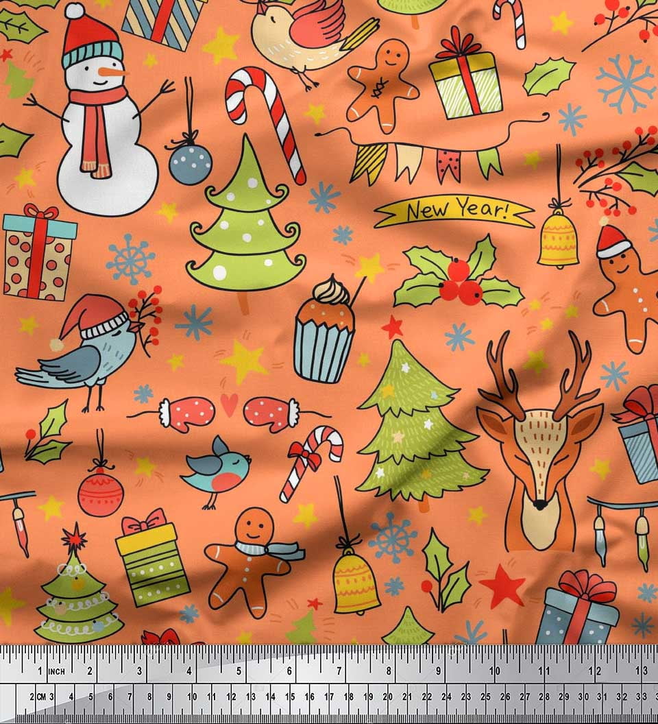 Soimoi Rayon Fabric Gift Box,Snowman & Tree Christmas Print Fabric by the Yard 56 Inch Wide
