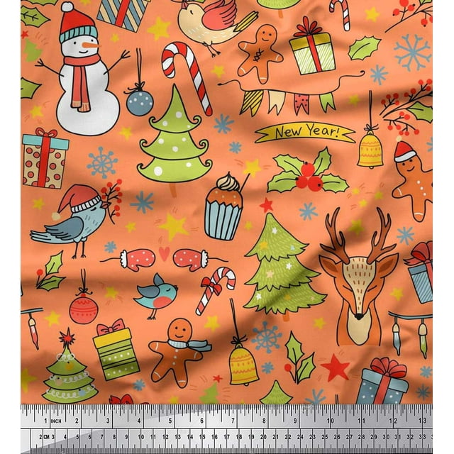 Soimoi Rayon Crepe Fabric Gift Box,Snowman & Tree Christmas Printed Craft Fabric by the Yard 46 Inch Wide
