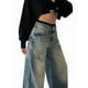 thumbnail image 3 of Pantalones Vaqueros de Pierna para Mujer, Desgastados, de Cintura Media, Estilo Vintage Y2K. Azul Nostálgico L, 3 of 8