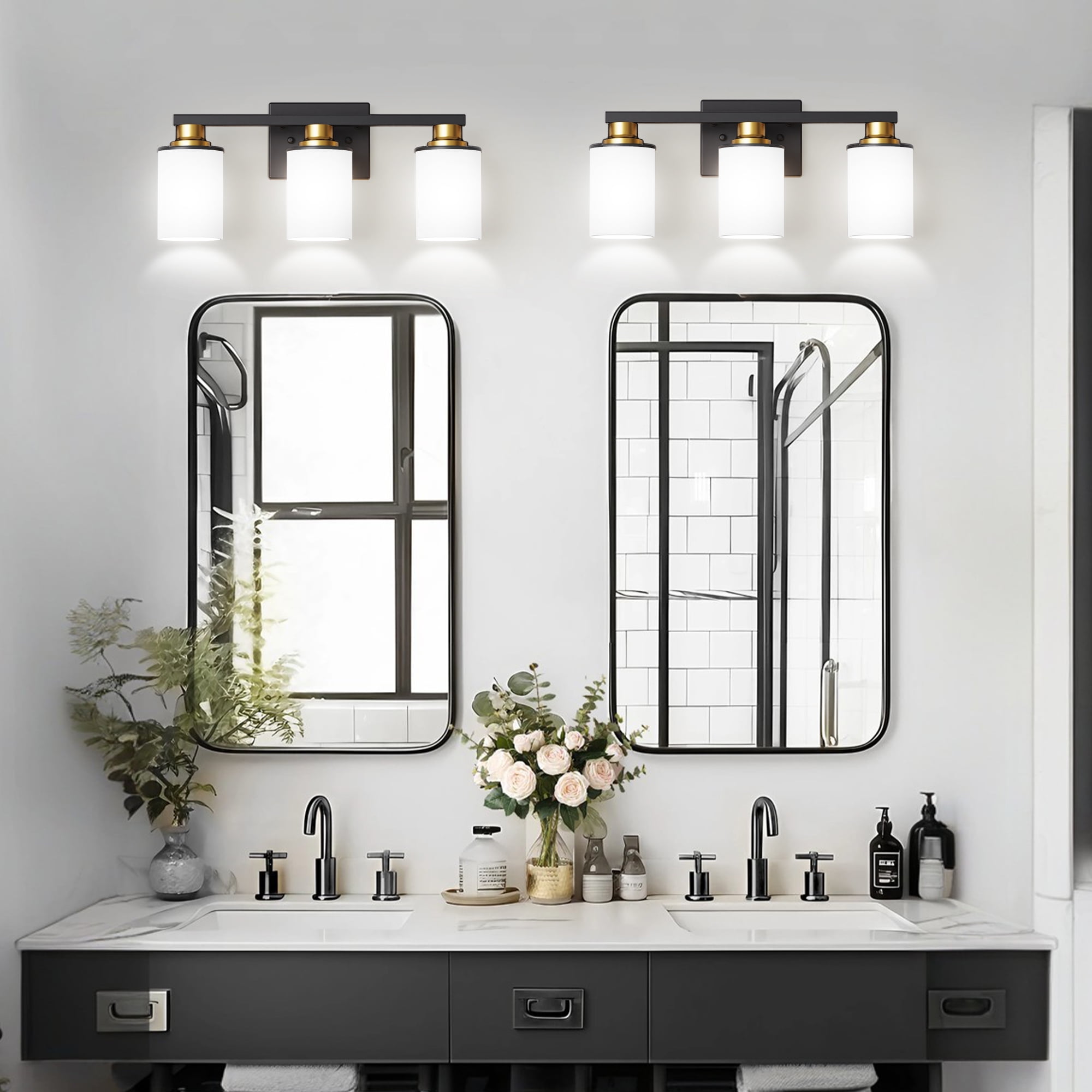 YANSUN 19.7" 3-Light Vanity Light, Black Gold Modern Bathroom Mirror Light with Frosted Glass Shades for Bathroom, Hallway