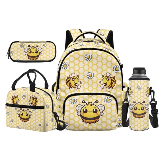 KUIFORTI Cute Bee Boys School Bag Set 4 piece with Lunch Box Pencil Case Water Bottle Sleeve for Students Elementary School Back to School Essentials Gifts Daily Use