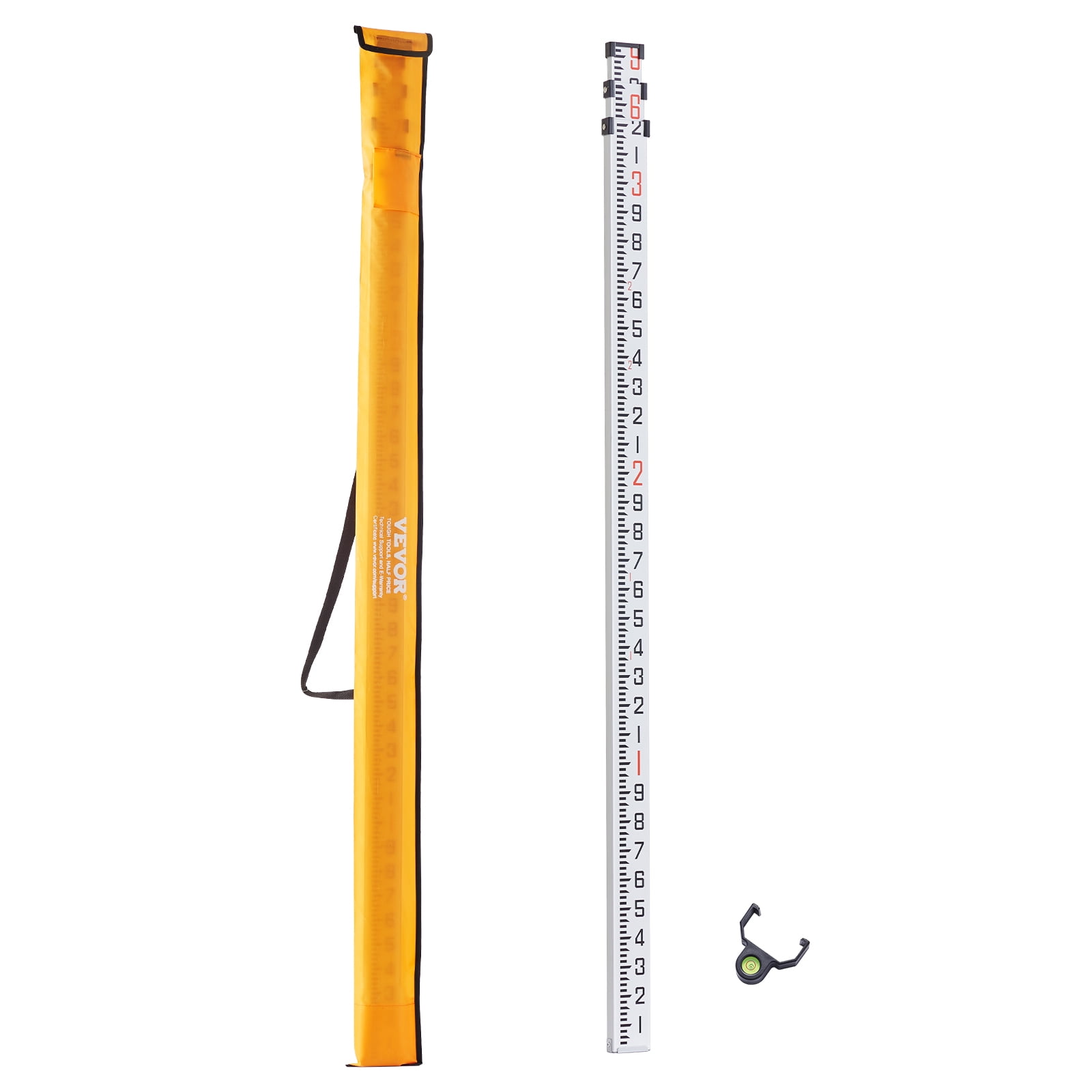 VEVOR Aluminum Grade Rod,9-Feet/10ths 3 Sections Telescopic Measuring Rod,Double-Sided Scale 1/10ft Leveling Rod Stick,Aluminum Alloy Survey Rod with Bubble Level&Carrying Bag for Houses,Walls,Floors