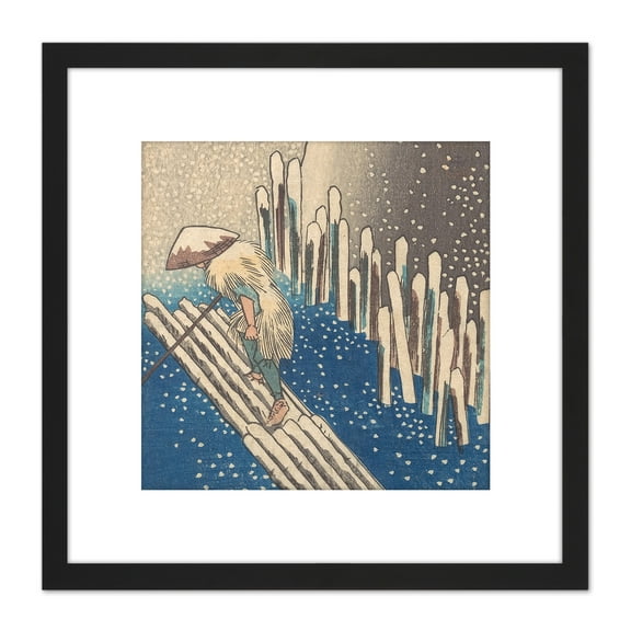 Hiroshige Snow On The Sumida River Japanese Painting 8X8 Inch Square Wooden Framed Wall Art Print Picture with Mount