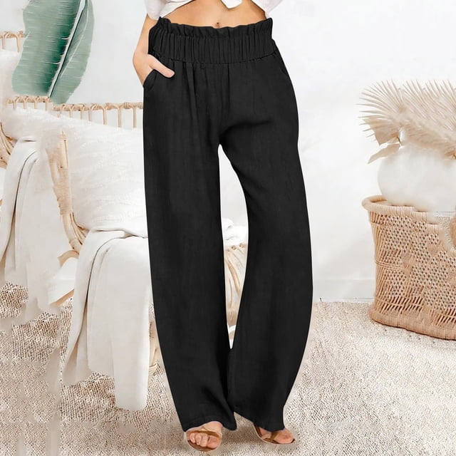 TaTaai Women Loose Fit Solid Cotton Linen Wide Leg Long Pants Casual Ladies Weekend Outdoor Vacation Wear Breathable No Fading Soft Stylish Versatile Trousers Gift