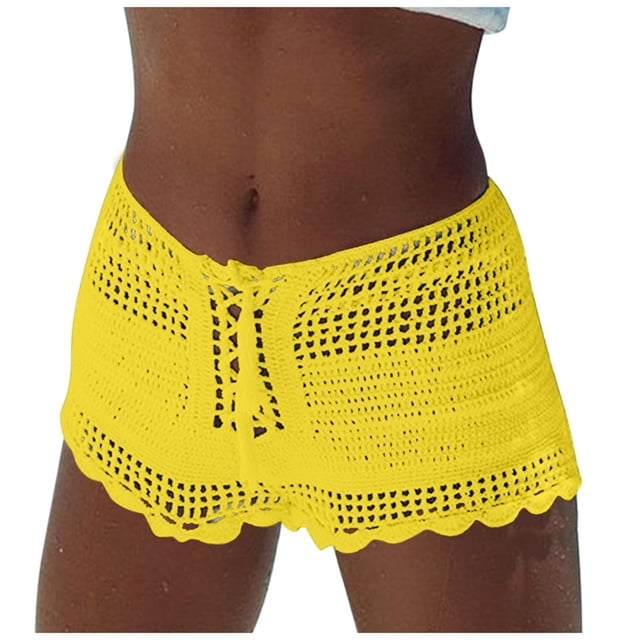 Women's Summer Solid Color Knitted Sexy Hollow Out Drawstring Beach Shorts And Swimming Trunks