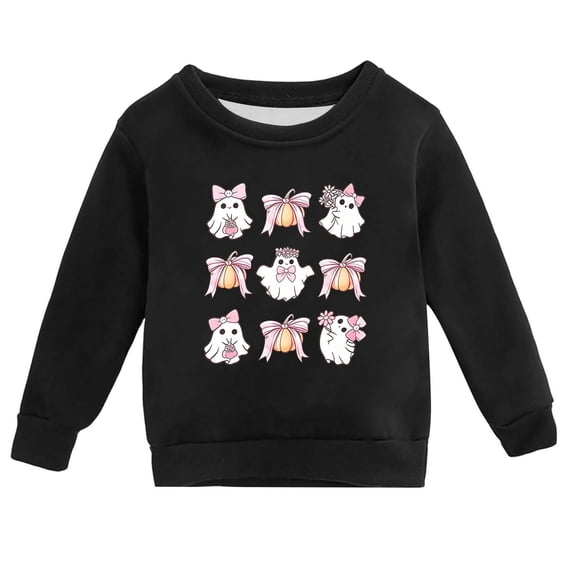 Weebloom Halloween Crew Neck Sweatshirts Kids Cute Bow Ghost Pullover Fall Winter Season Tops Boy Girl Party Sweatshirt Black