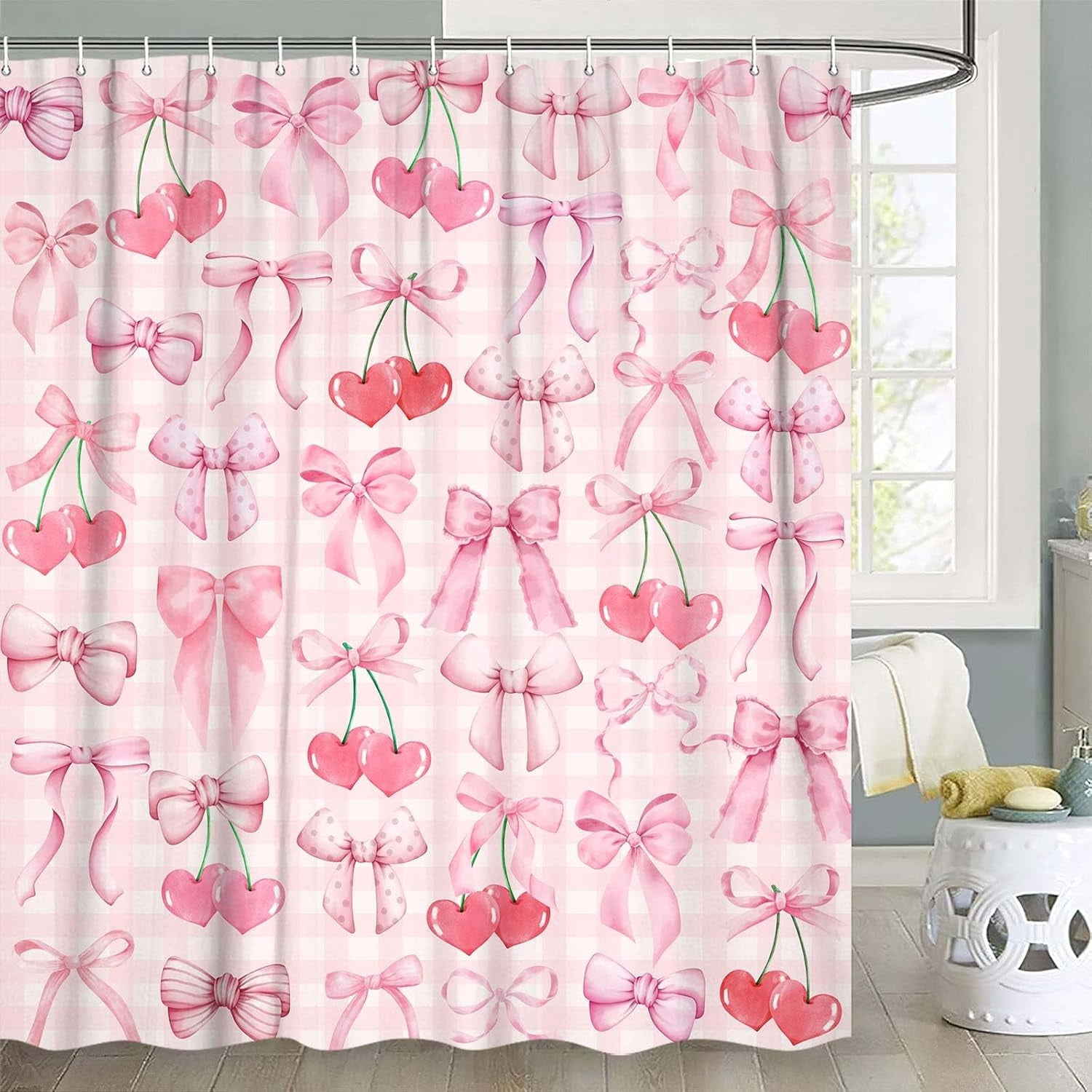 Cute Pink Shower Curtain Modern Aesthetic Coquette Bow Pretty Bathroom Decor for Girls Teens Fabric Waterproof Polyester Bathroom Decor Set with Hooks,60X72