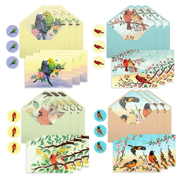 WIRESTER Thank You Cards Assortment With Envelopes for Baby Showers, Bridal Showers, Weddings, All Occasion - Parakeet Birds, Cardinal Birds, Orange & Yellow Birds