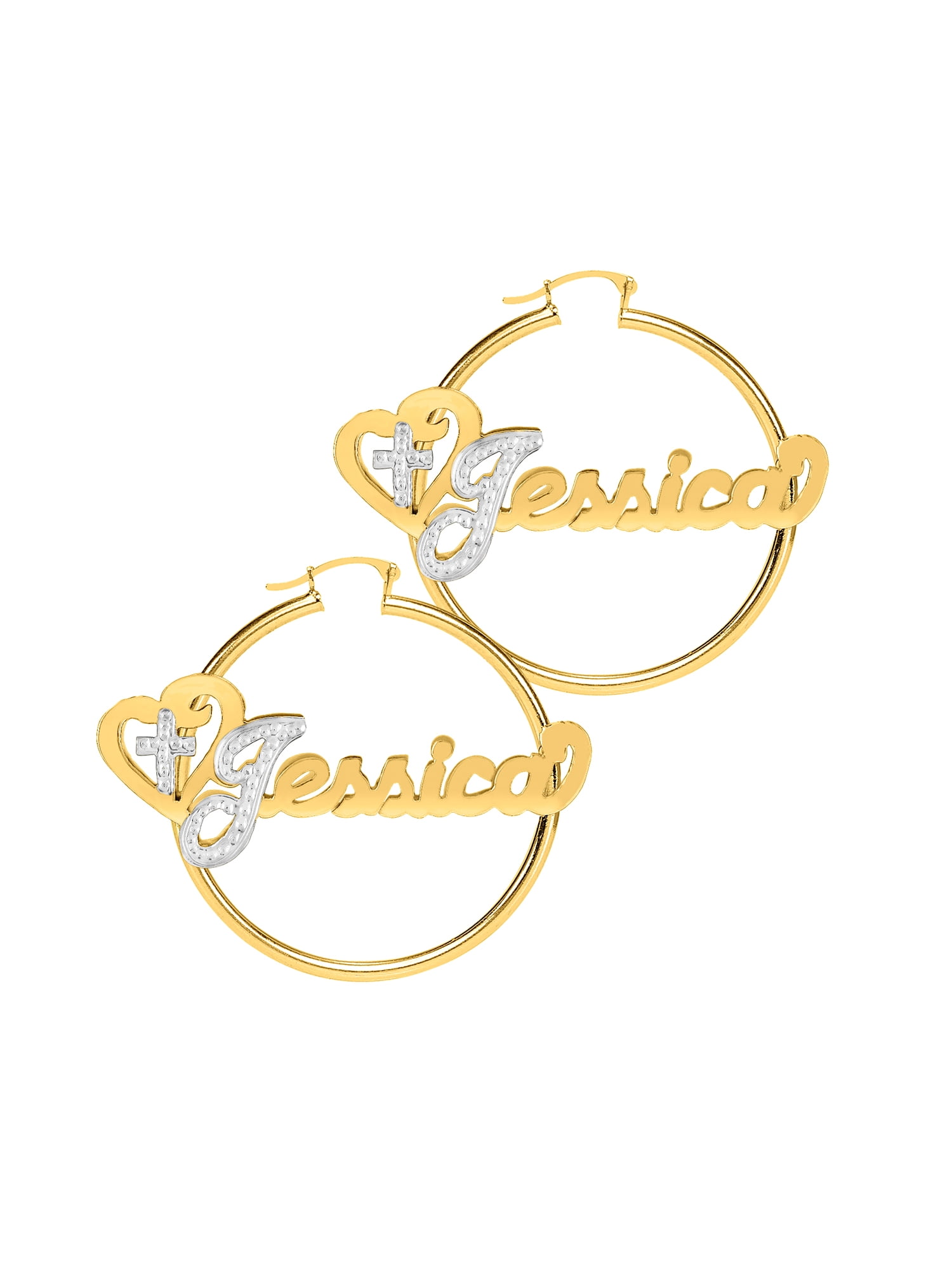 Personalized Religious Hoop Name Earrings With Beading and Rhodium on First Initial