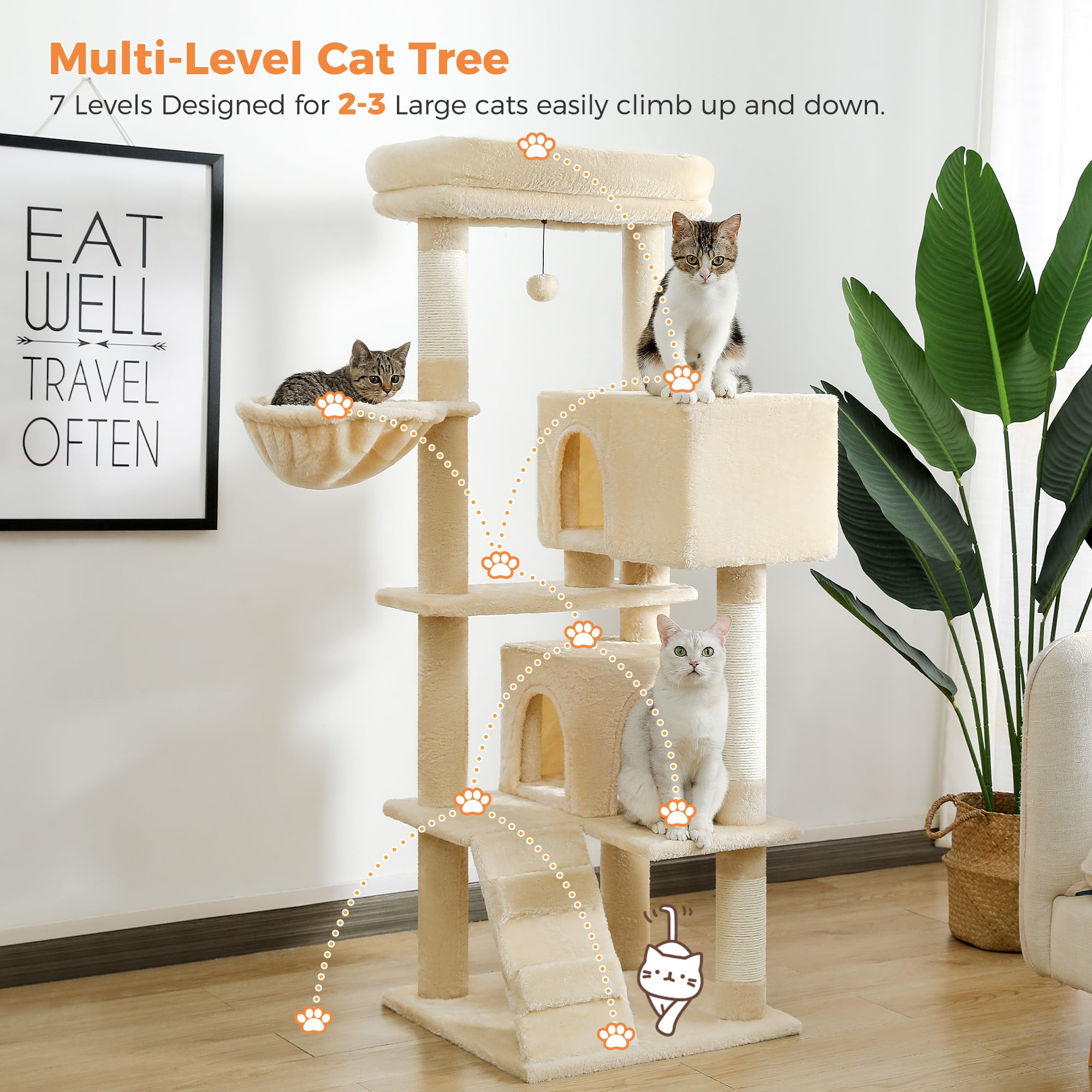Kadyn 56" Cat Tree Tower for Indoor Cats, Cat Tree House for Multiple Cats with 2 Cozy Condos, Top Perch, Hammock, Climbing ladder and Dangling Ball, Dark Gray
