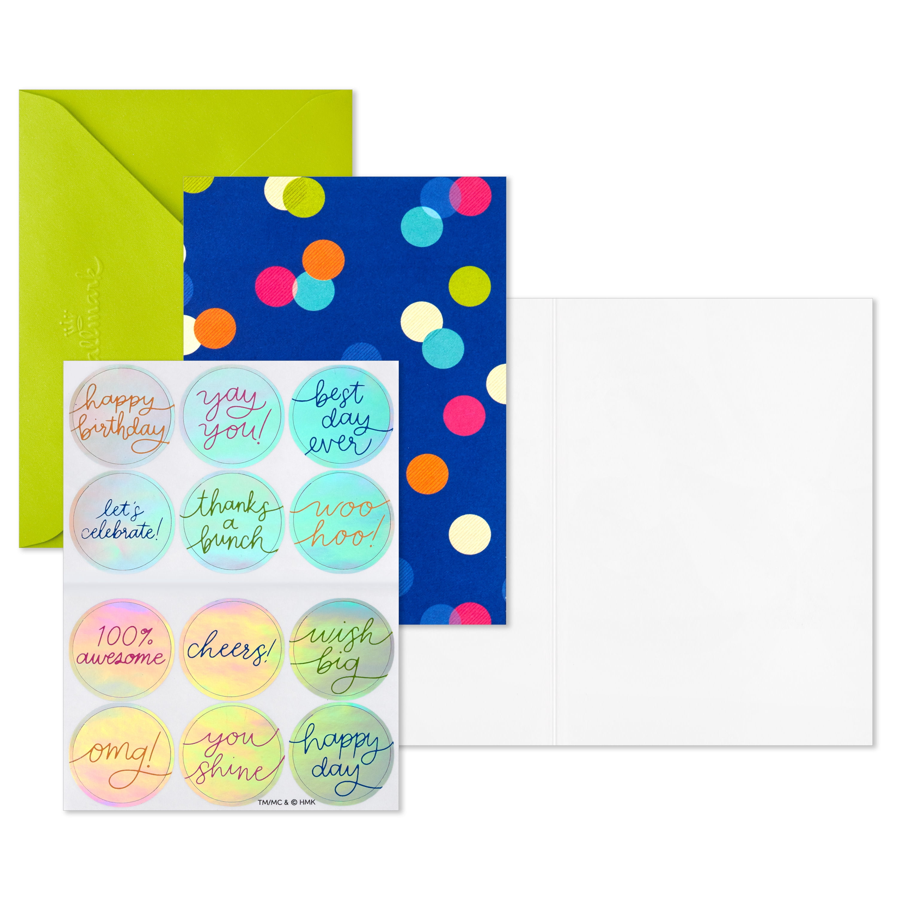 Hallmark Blank Notes With Message Stickers (Colorful Dots Blue), 12 Count