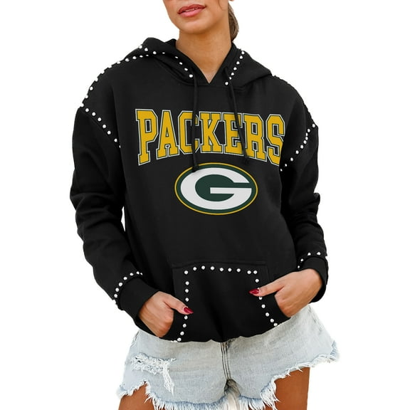 Women's Gameday Couture Black Green Bay Packers Oversized Catch the Vibe Studded Pullover Hoodie