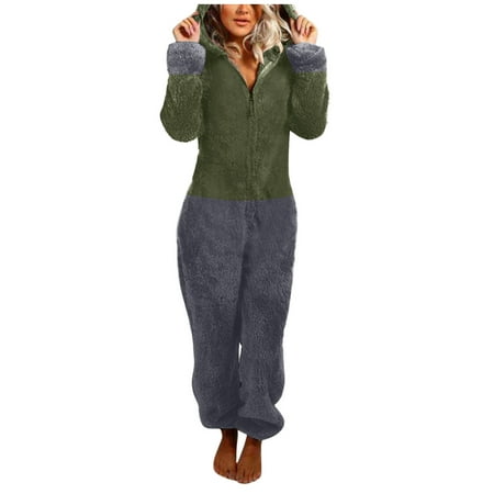

Women Nightwear Artificial Wool Long Sleeve Pajamas Casual Solid Color Zipper Loose Hooded Jumpsuit Winter Warm Rompe Cute Ears Sleepwear