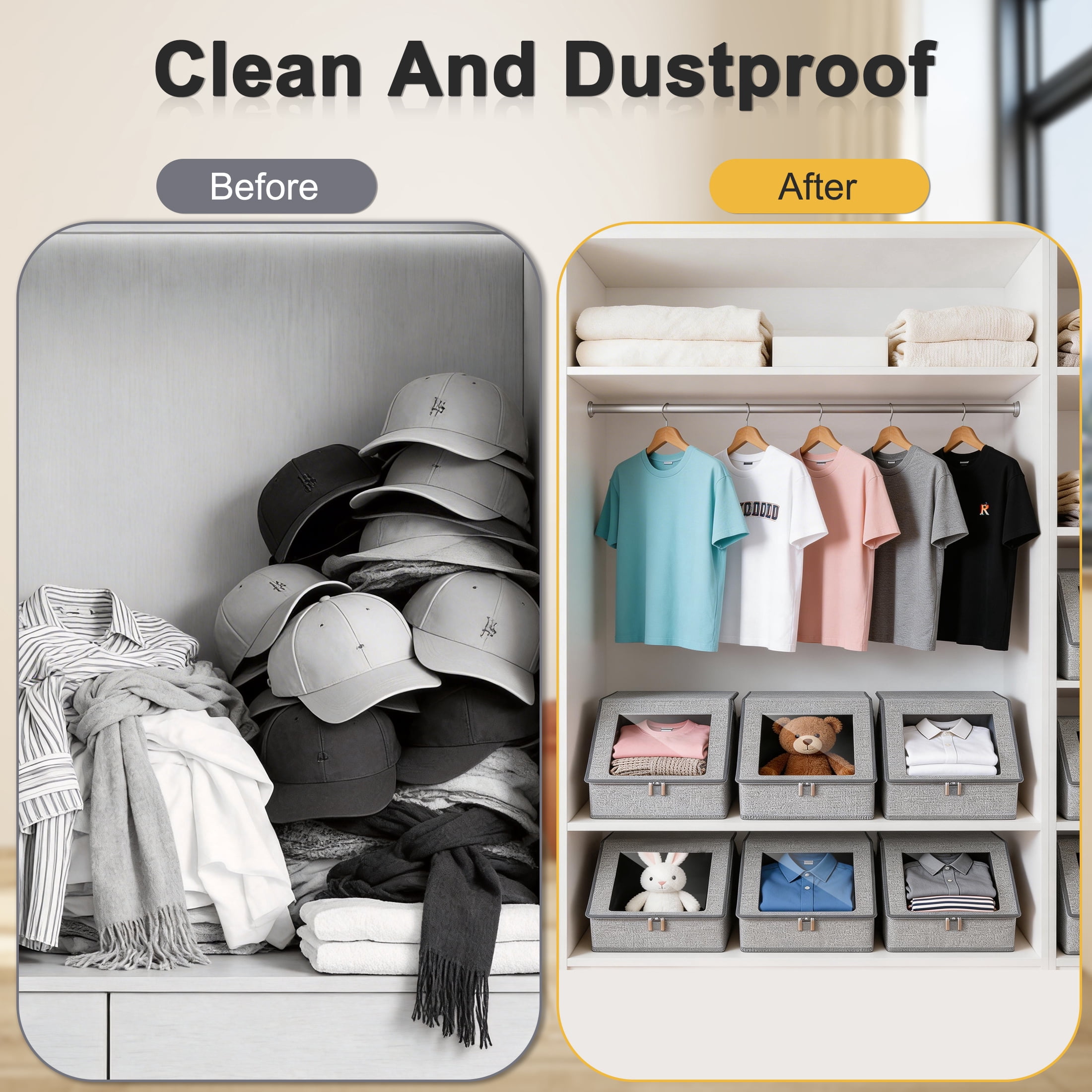 2‑Pack Hat Storage Box, Fabric Baseball Cap Organizer, Dustproof Cap Hat Storage Bin with Visible Window, Zipper & Handle for Closet Wardrobe Hats Clothes Toys Scarves
