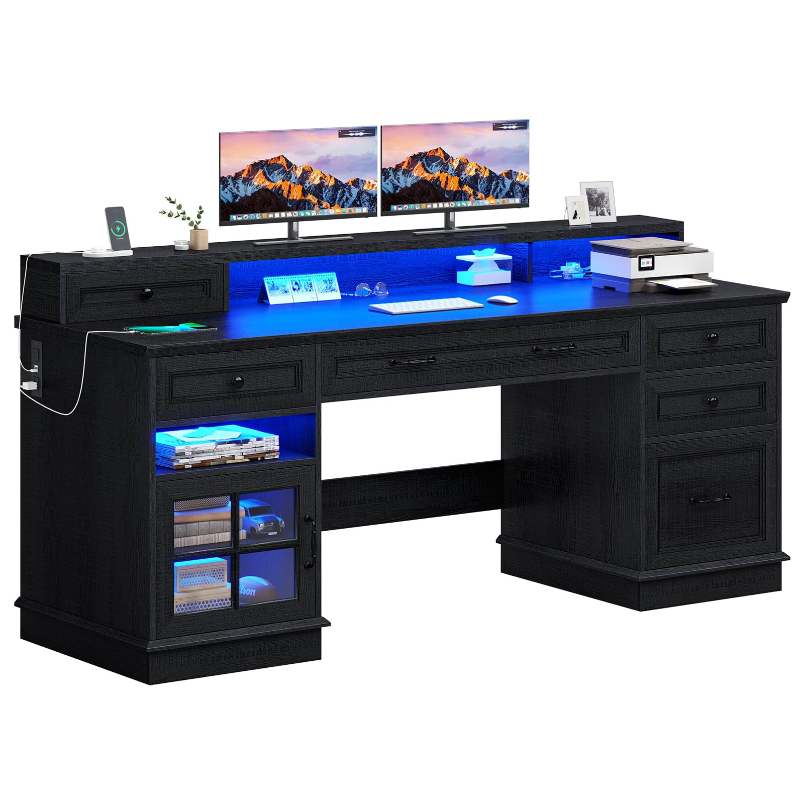 Plonmago Computer Desk with Charging Station & LED Lights, Black Executive Desk with File Drawer, Home Office Desk with Drawers & Storage Cabinet, Executive Office Desk with Monitor Stand