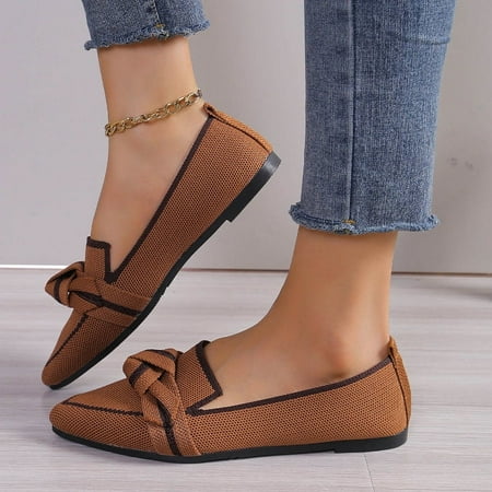 Bowknot Decor Breathable Knitted Loafers Women 2024 Autumn Soft Bottom Pointed Toe Ballet Flats Woman Slip On Solid Casual Shoes (zongse 41)