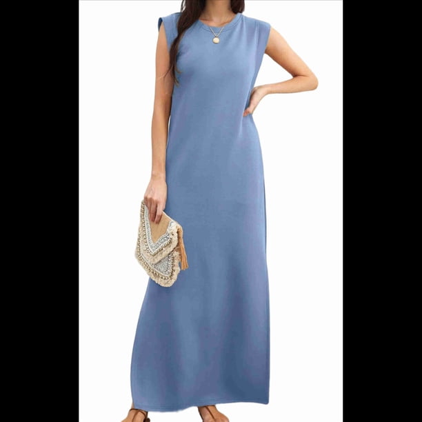 Vestido Maxi de Verano 2025 para Mujer, Informal, Holgado, con Abertura, Sin Arrugas, , con Cuello Redondo y Bolsillos, Azul Vaquero XXL