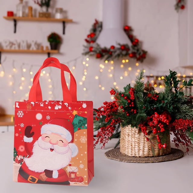 Bolsa de Regalo Navideña No Tejida, Negra, Reutilizable, de 23 X 22 Cm, con Asa Resistente | Bolsa Pequeña para Envolver Dulces Navideños | Almacenamiento Multiusos para Decoración Navideña