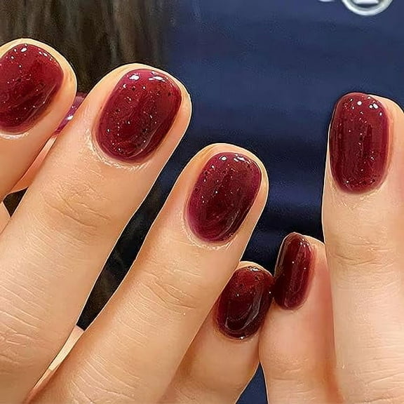 Short Press on Nails Square Fake Nails Burgundy False Nails Gel Glue on Nails Squoval Glossy Red Acrylic Nails Full Cover Solid Color Glitter Stick on Nails for Women 24 Pcs