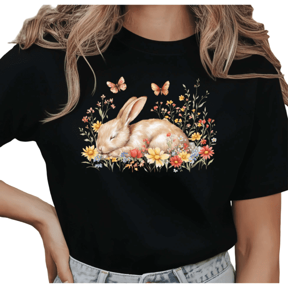 Women's Cute Rabbit Wildflower Butterfly Cottagecore Aesthetic Graphic T Shirt Short Sleeve Round Neck Top Black S-5XL