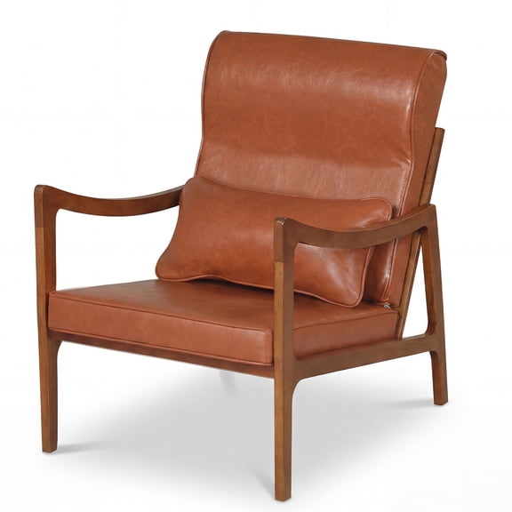 Patiojoy Modern Upholstered Accent Chair Faux Leather Armchair with Lumbar Pillow Cozy for Living Room Bedroom Brown