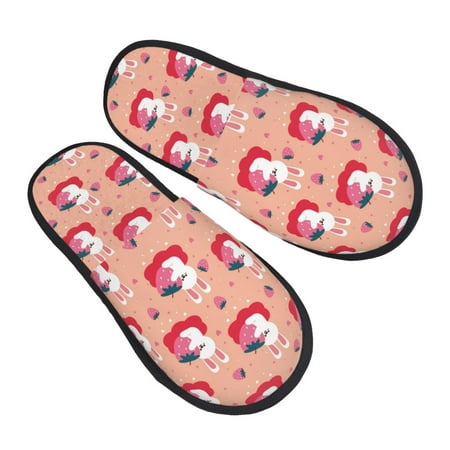 

Jgfou Bunny And Strawberry Print Womens Cozy Memory Foam Slippers Soft Warm Slip On House Slippers Anti-Skid Rubber Sole Creative Gifts for Women Mom Girlfriend