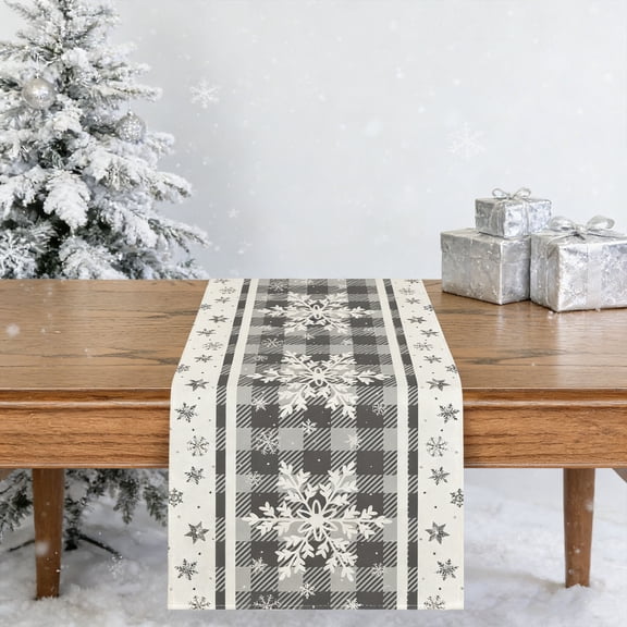 Grey Buffalo Plaid Snowflakes Christmas Table Runner, Seasonal Winter Kitchen Dining Table Decoration for Home Party Decor
