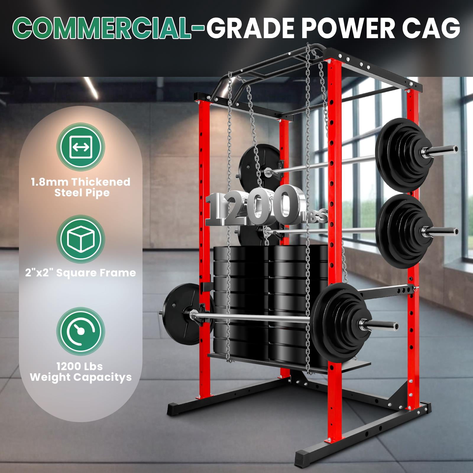 661 Lbs Capacity Red Power Cage,Red Squat Stand With Safety Bars,Adjustable J-Hooks And Pull Up Bar,Multi-Functional Power Rack For Home Gym,Red