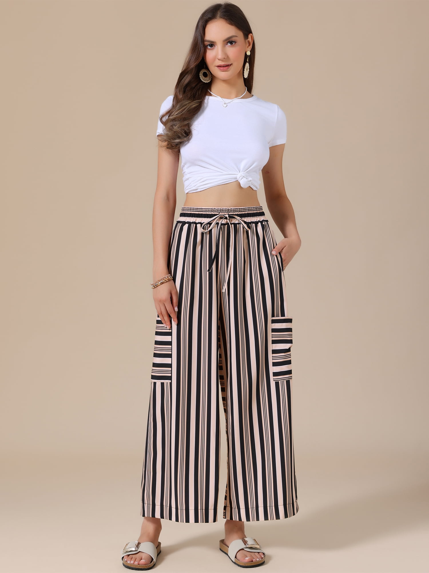 DARING DIVA Women's Striped Palazzo Lounge Pants X-Small Black Brown