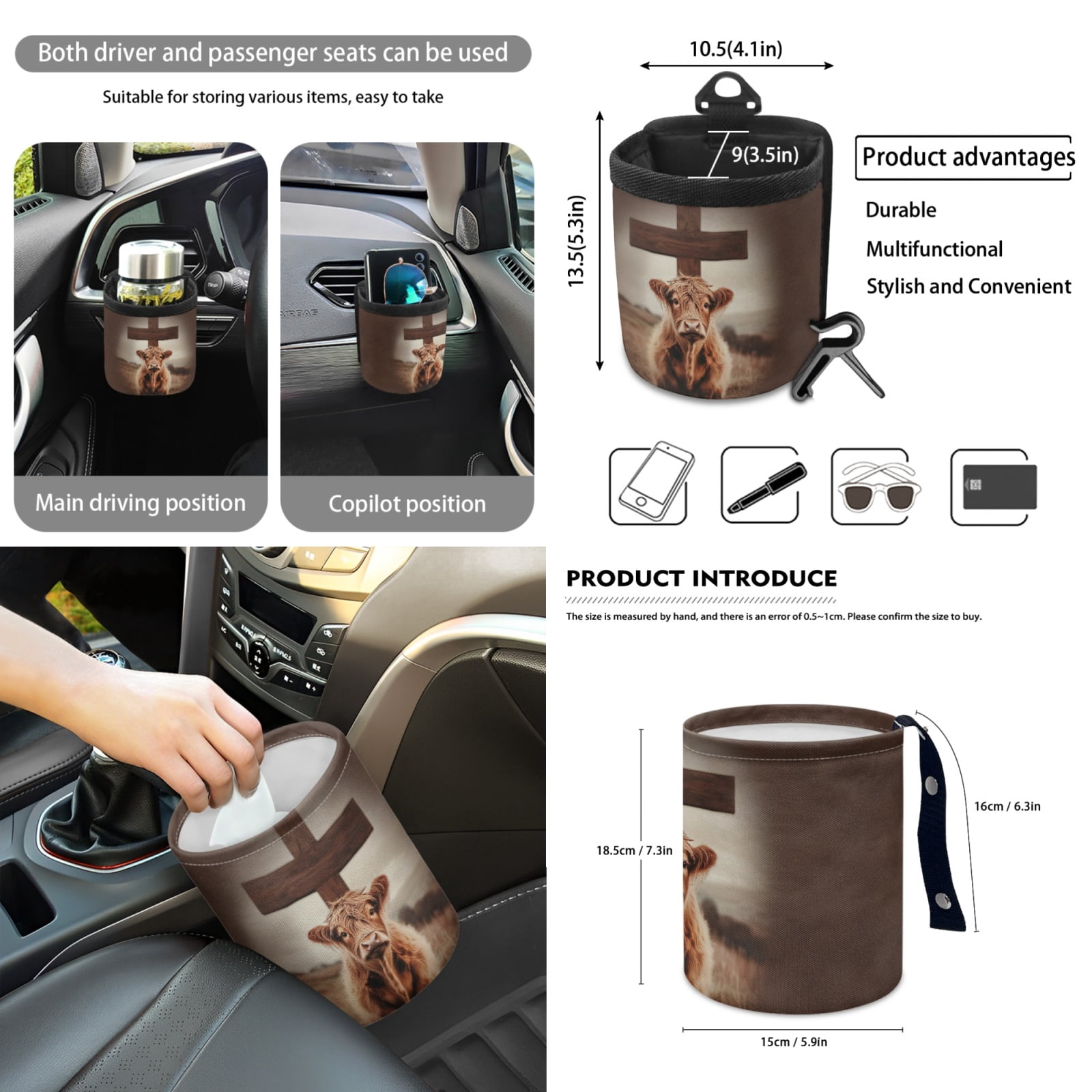 Renewold Highland Cow Cross 12 PCS Front Car Seat Cover Full Set, with Steering Wheel Seat Belt Rear View Mirror Cover Armrest Mat Trash Bag Air Vent Bag Coasters Key Chain Auto Accessories