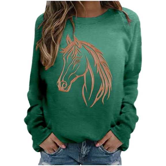Chuancc Womens Crew Neck Sweatshirt Sweatshirt for Women Trendy Womens Sweatshirts Trendy Athleisure Women Cute Pullovers for Women Crew Neck Sweater for Women Horse Sweatshirt Women's Pullover L